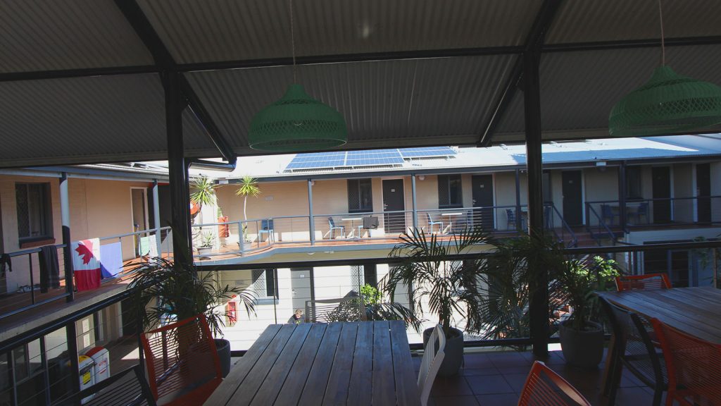 Byron Bay Youth Hostel dec before patio blind installation